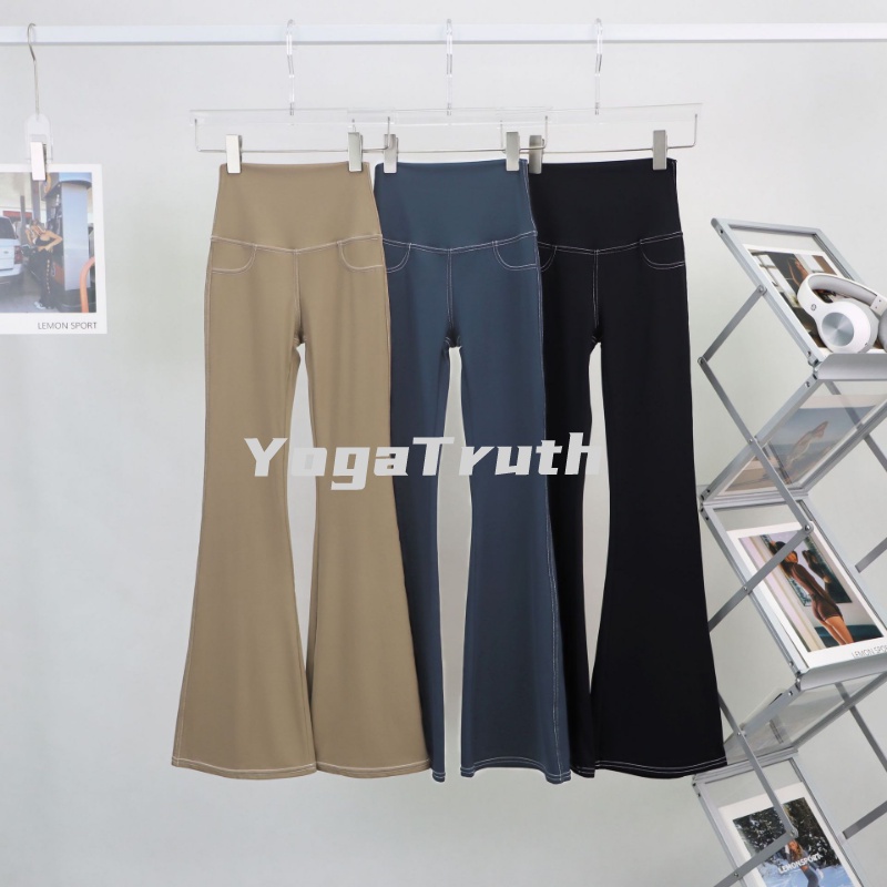 Quần Denim Ống Loe Lưng Cao Phối Túi Thời Trang Tập Yoga Cho Nữ