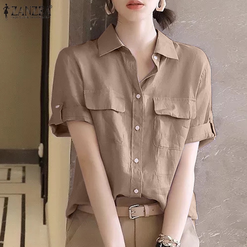 ZANZEA Áo Sơ Mi Nữ Tay Ngắn Kiểu Dáng Thời Trang Quyến Rũ