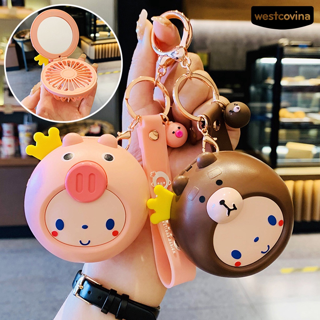 [COD]♋Quạt Cầm Tay Hai Tốc Độ Bằng ABS Kèm Gương Thiết Kế Hoạt Hình Dễ