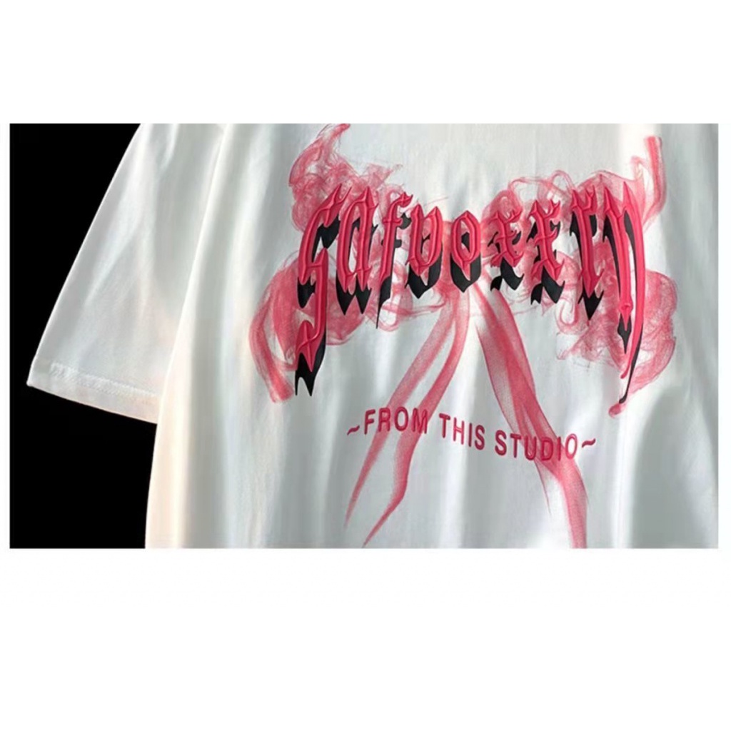 Áo Thun Tay Ngắn Dáng Rộng In Chữ Thắt Nơ Phong Cách Đường Phố Hong Kong Cho Nữ