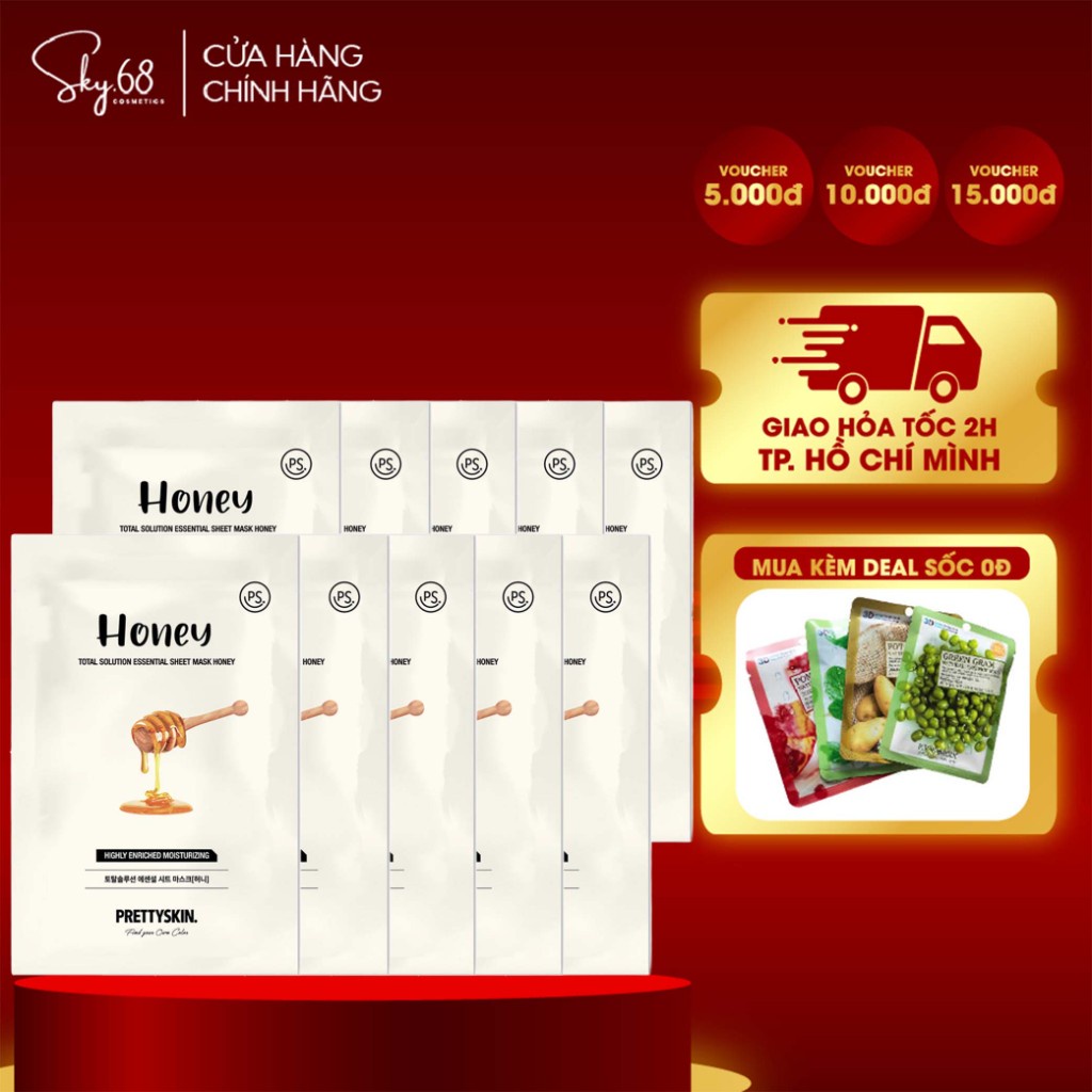 Combo 10 Mặt Nạ Tinh Chất Mật Ong Dưỡng Da Căng Bóng Prettyskin Total Solution Essential Sheet Mask 23ml x10 - HONEY
