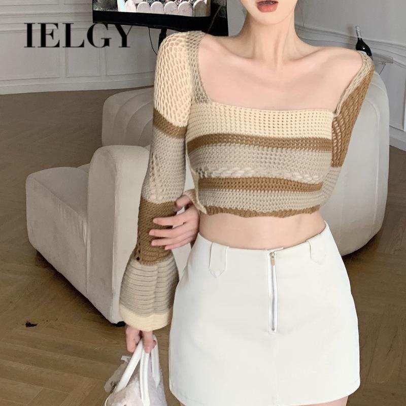 IELGY  Áo sweater Dệt Kim Tay Loe Ngắn Cổ Vuông Họa Tiết Kẻ Sọc Cho Nữ
