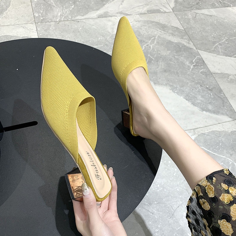Dép Cao Gót Mũi Nhọn Dệt Kim Thoáng Khí Thời Trang Cho Nữ