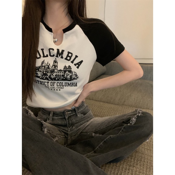 NZN Áo Croptop Tay Ngắn In Họa Tiết Phong Cách Retro Mỹ Thời Trang Cho Nữ