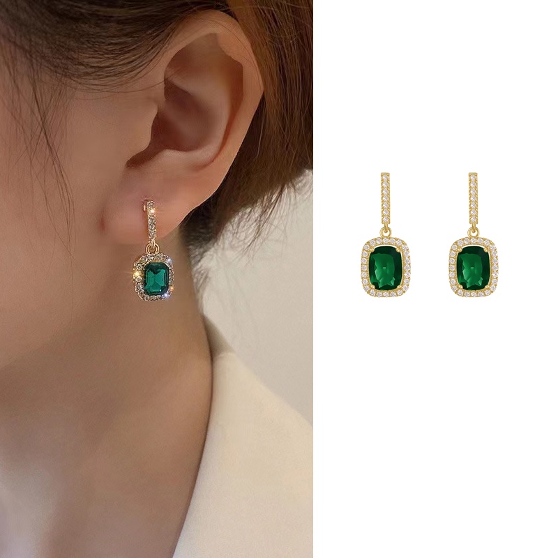 Khuyên Tai Bạc 925 Dáng Vuông Màu Xanh Lá Phong Cách retro Thời Trang Mới 2023 Dành Cho Bạn Nữ