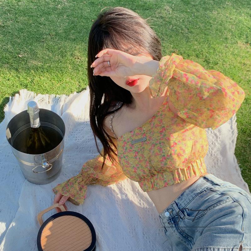 Áo Croptop Trễ Vai Tay Dài In Họa Tiết Hoa Thời Trang Quyến Rũ Cho Nữ