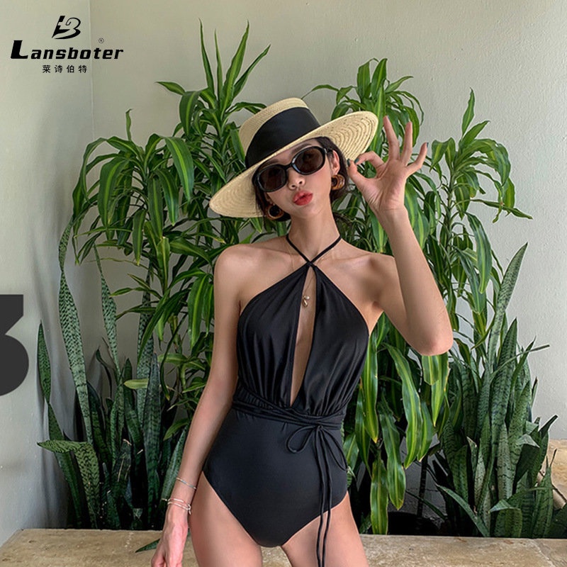 LANSBOTER Bộ Bikini Một Mảnh Màu Đen Cổ Chữ V Khoét Sâu Phong Cách Hàn Quốc Gợi Cảm Cho Nữ