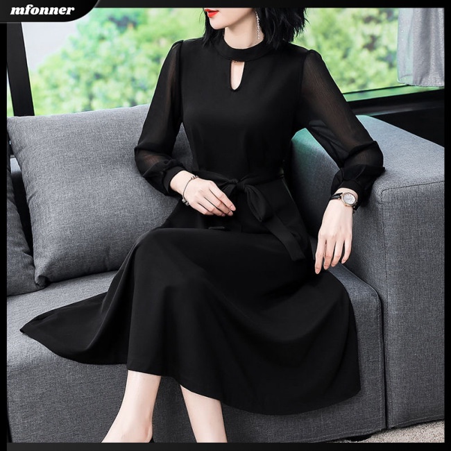 Đầm Chữ A Dài Tay Cổ Tròn Màu Trơn Thiết Kế Mỏng Xinh Xắn Thời Trang Dành Cho Nữ