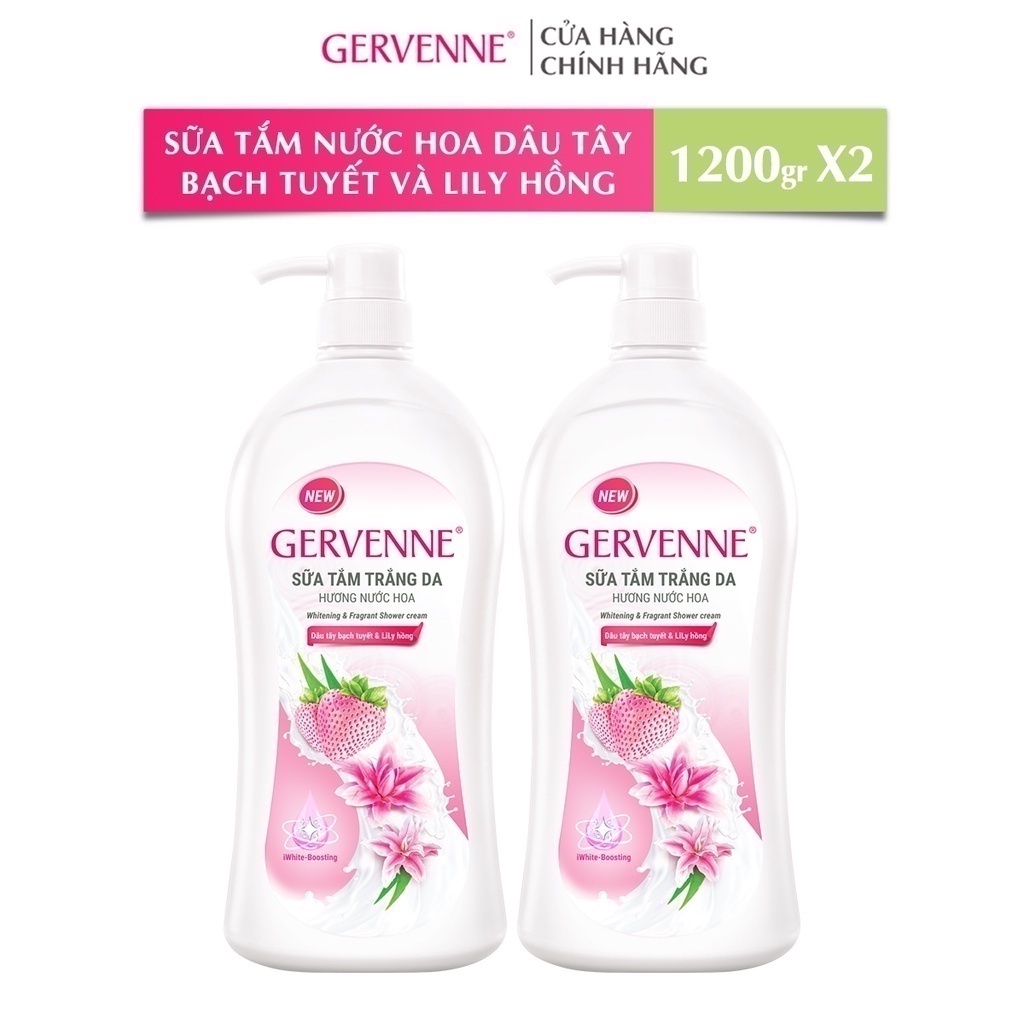 Combo 2 Sữa tắm trắng da hương nước hoa Gervenne Dâu Tây Bạch Tuyết và Lily Hồng 1.2L/chai