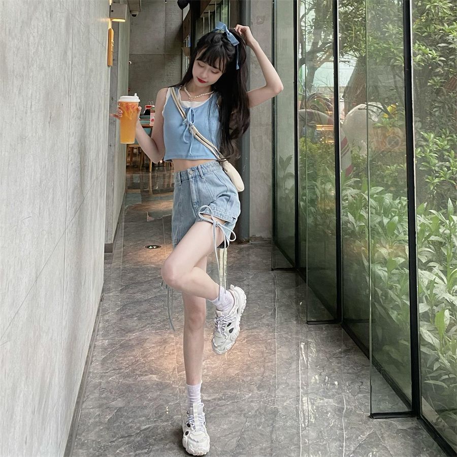Jiashucheng Áo Thun Ngắn Sát Nách Giả Hai Lớp Phong Cách Hàn Quốc Cho Nữ