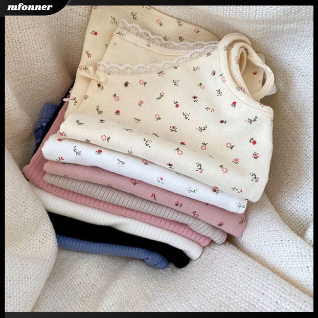 Áo Hai Dây Bằng Vải Cotton Pha Phối Ren Hoa Nhỏ Ôm Dáng Cho Nữ