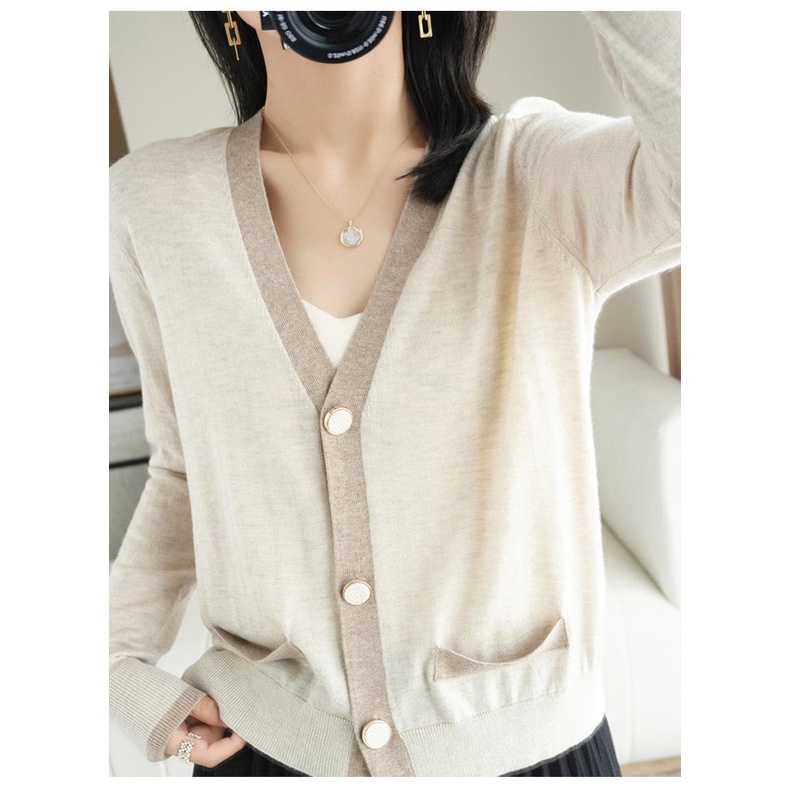 Áo Khoác Cardigan Dệt Kim Cổ Chữ V Màu Sắc Khối Lập Phương Thời Trang Xuân Thu 2023 Dành Cho Nữ