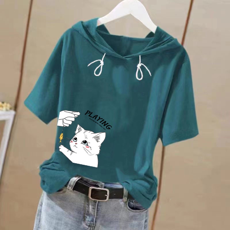 Áo hoodie Tay Ngắn Dáng Rộng plus size Phong Cách Hàn Quốc Thời Trang Mùa Hè Cho Nữ