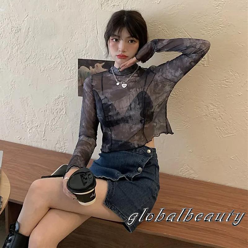Gb-áo Thun Crop Top Tay Dài Cổ Thuyền Phối Lưới Mỏng In Họa Tiết Trừu Tượng Cho Nữ