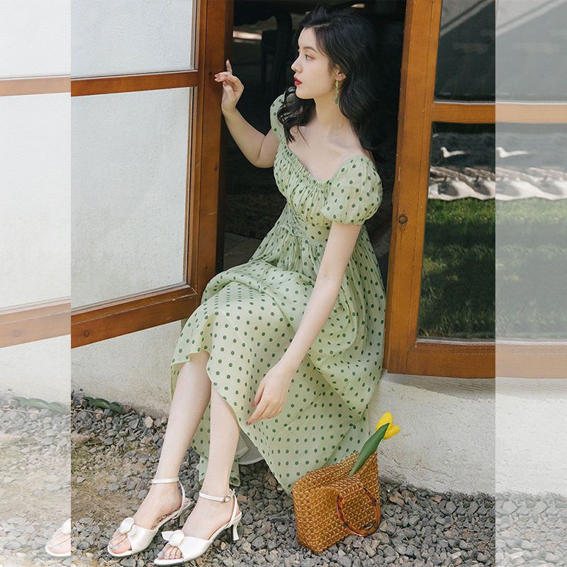 Đầm Cổ Vuông Họa Tiết Chấm Bi Màu Xanh Lá Phong Cách Retro Pháp Thời Trang Mùa Hè Hàng Mới 2023