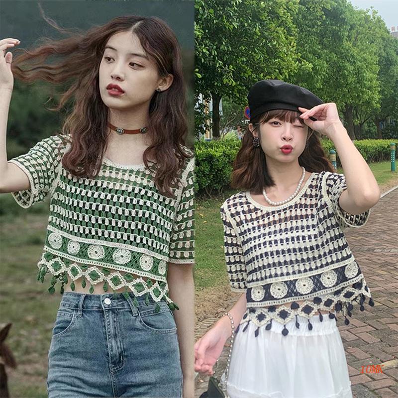 Xiangbao Áo Dệt Kim Tròng Đầu Tay Ngắn Khoét Lỗ Phối Tua Rua Phong Cách Cổ Điển Cho Nữ