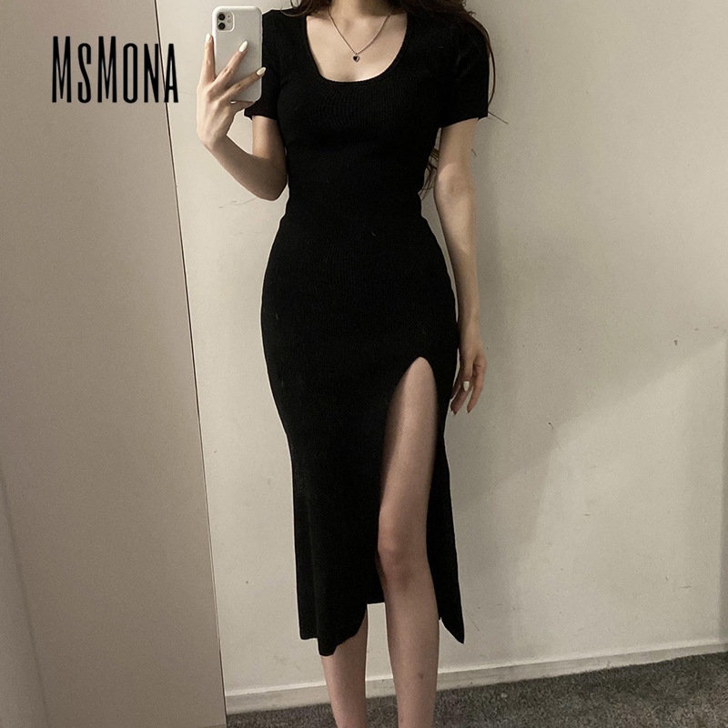 Đầm Dệt Kim Tay Ngắn Cổ Chữ U Màu Trơn Thời Trang 2023 Quyến Rũ Cho Nữ