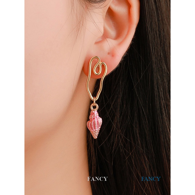 Fancy Khuyên Tai Hợp Kim Dáng Dài Hình Vỏ Sò Rỗng Màu Trắng Hồng Xanh Lam Retro