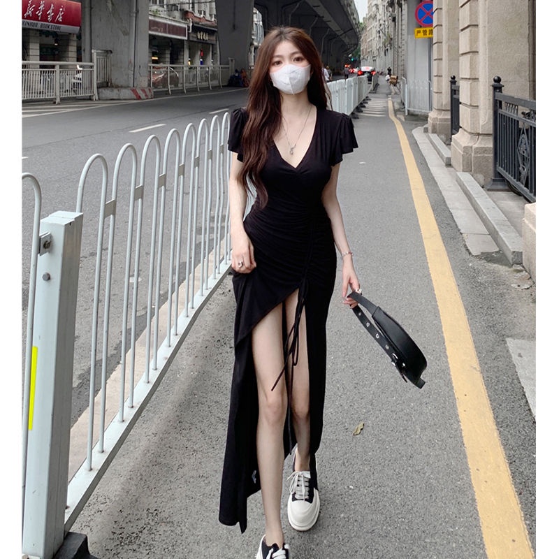 New high-cold royal sister style V-neck short-sleeved knitted dress French temperament drawstring slim long dress slimming hip sexy split long dress