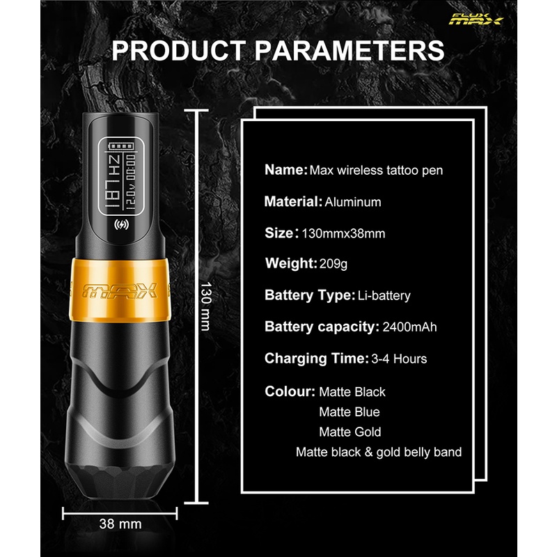 FLUX MAX Máy xăm Pen Mới cung cấp sức mạnh xăm hình động động Máy LED Kỹ thuật số Máy in hình xăm