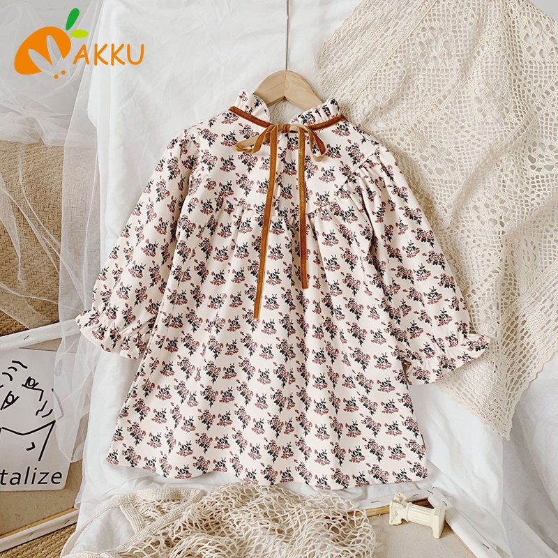 Đầm Tay Dài Cổ Ren Họa Tiết Hoa Phong Cách Hàn Quốc Cho Bé Gái Aku