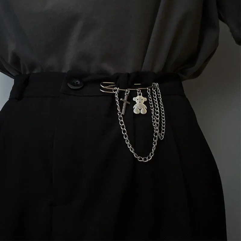 Ghim Cài Áo Hình Gấu Phối Dây Xích Phong Cách Harajuku Đơn Giản