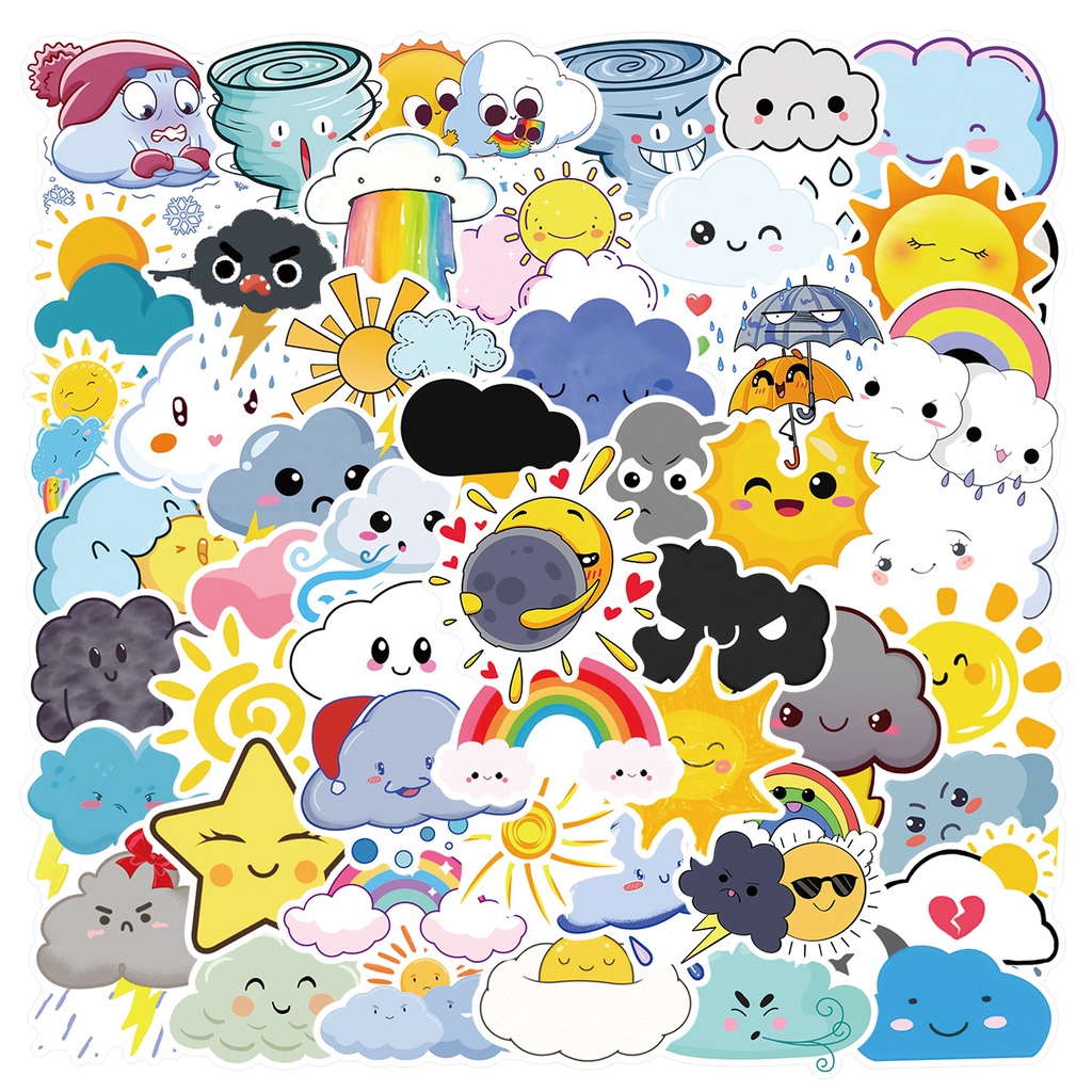 Bộ 100 Cái ❉ Sticker Dán Trang Trí Hình Biểu Tượng Cảm Xúc Thời Tiết Vui Nhộn ❉ Sticker Dán Tường Chống Thấm Nước Họa Tiết Doodle Hợp Thời Trang