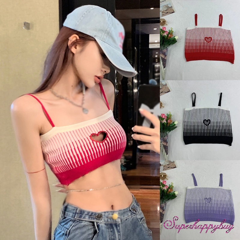 Áo Tank Top Hai Dây Dáng Ôm Hở Rốn Họa Tiết Trái Tim Thời Trang Cho Nữ
