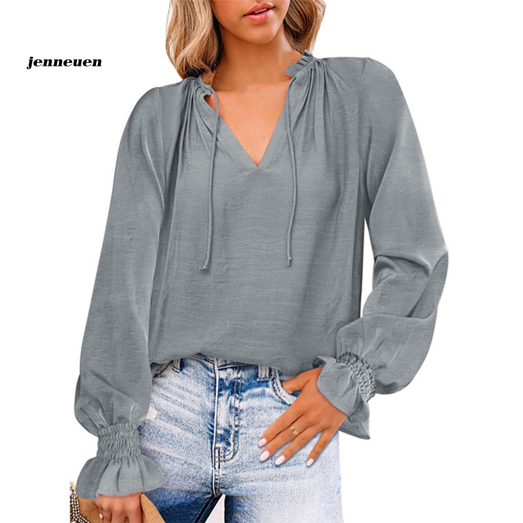 Áo Sơ Mi Voan Tay Dài Phồng Cổ Chữ V Màu Trơn Thắt Dây Phía Trước Kiểu Dáng Đơn Giản Cho Nữ