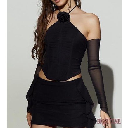 [] - Áo Tank Top Hai Dây Cột Dây Màu Trơn Họa Tiết Hoa Xương Cá Ôm Dáng Mùa Hè Cho Nữ Đen