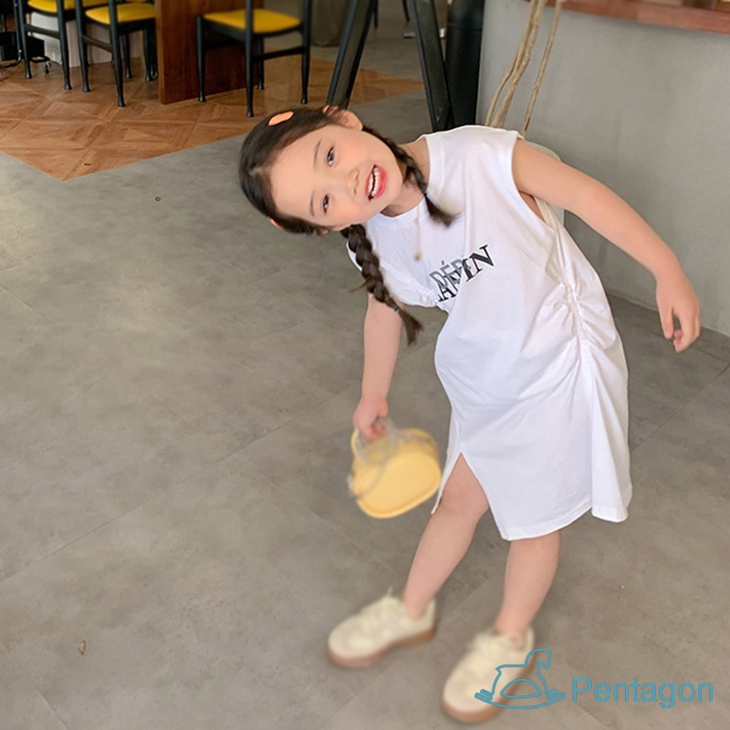 Đầm Thun Cotton Sát Nách Cổ Tròn In Chữ Thời Trang Mùa Hè Cho Bé Gái