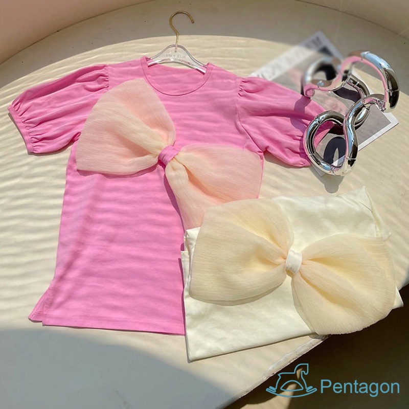 Đầm Tay Ngắn Cổ Tròn Dáng Suông Đính Nơ To Thời Trang Mùa Hè Xinh Xắn Cho Bé Gái