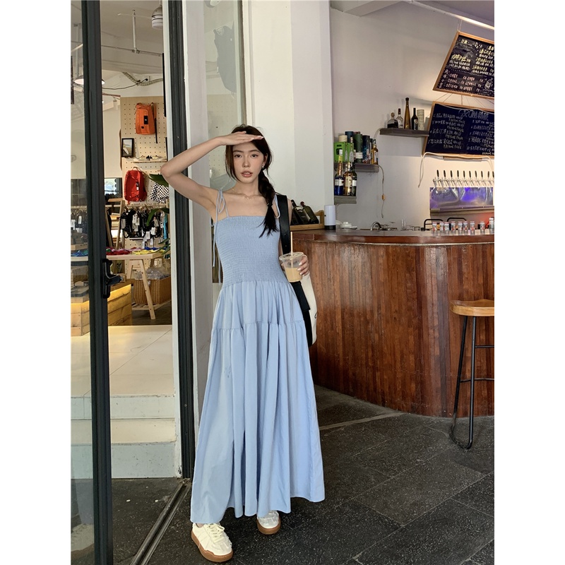 SUXI Đầm Hai Dây Dáng Dài Màu Sắc Trơn Thời Trang Mùa Hè Phong Cách Hàn Quốc Cho Nữ