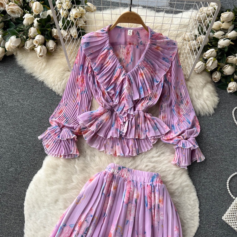 Bộ Áo Sơ Mi Tay Dài Cổ Chữ v In Hoa + Chân Váy Dài Eo Cao Xếp Ly Thời Trang Xuân Thu Cho Nữ