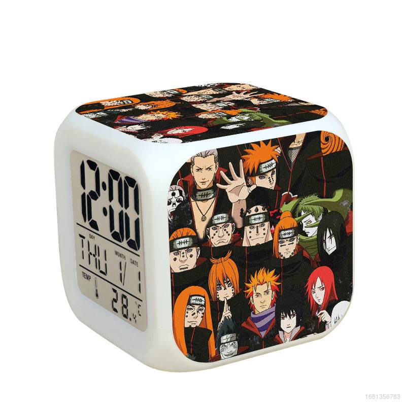 Đồng Hồ Báo Thức Điện Tử Hình Vuông Họa Tiết Naruto Uchiha Sasuke Đổi Màu Sáng Tạo