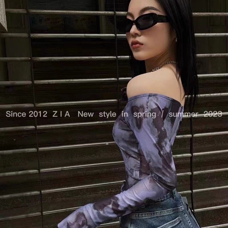 Áo Thun Tay Dài Trễ Vai Màu Nhuộm Phối Lưới Thời Trang Mùa Hè 2023 Y2g Cho Nữ