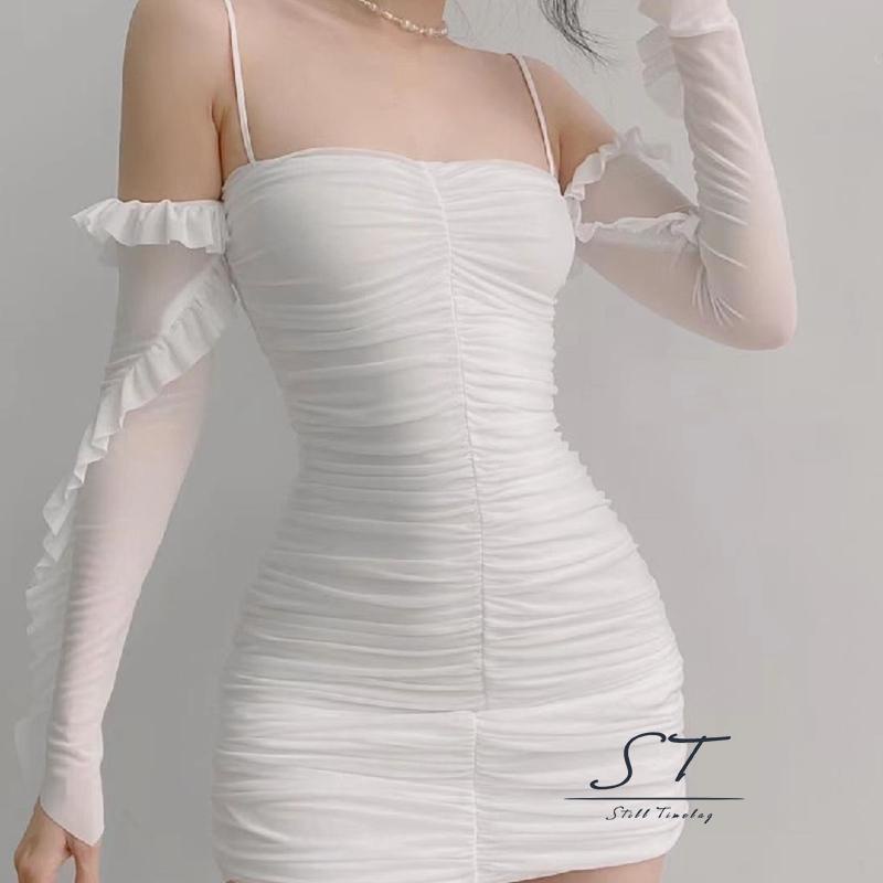 Cy03-đầm Ôm Dáng Tay Dài Cổ Thuyền Hở Lưng Phối Lưới Xuyên Thấu Màu Trơn Cho Nữ