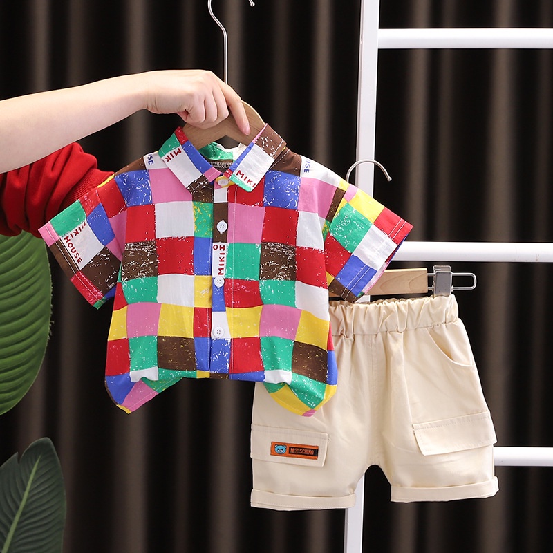 Bộ Áo Thun + Quần Short Họa Tiết Kẻ Sọc / Caro Dễ Thương Thời Trang Mùa Hè Cho Bé Trai