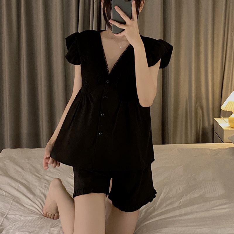 Bộ Đồ Ngủ Phối Ren Cổ Chữ V Sang Trọng Quyến Rũ Cho Nữ