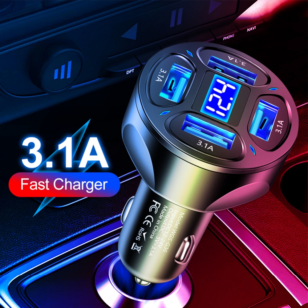 Tẩu Sạc Trên Ô Tô 12-24V 4 Cổng USB Có Màn Hình LED Hiển Thị