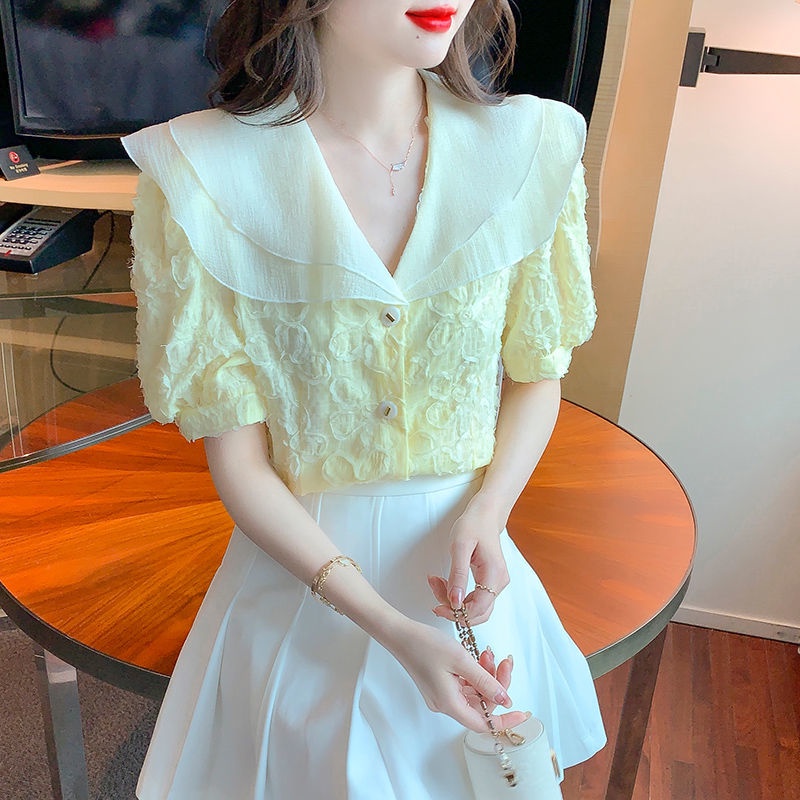 Áo Sơ Mi Chiffon Cổ Búp Bê Tay Ngắn Thời Trang Mùa Hè Dành Cho Nữ