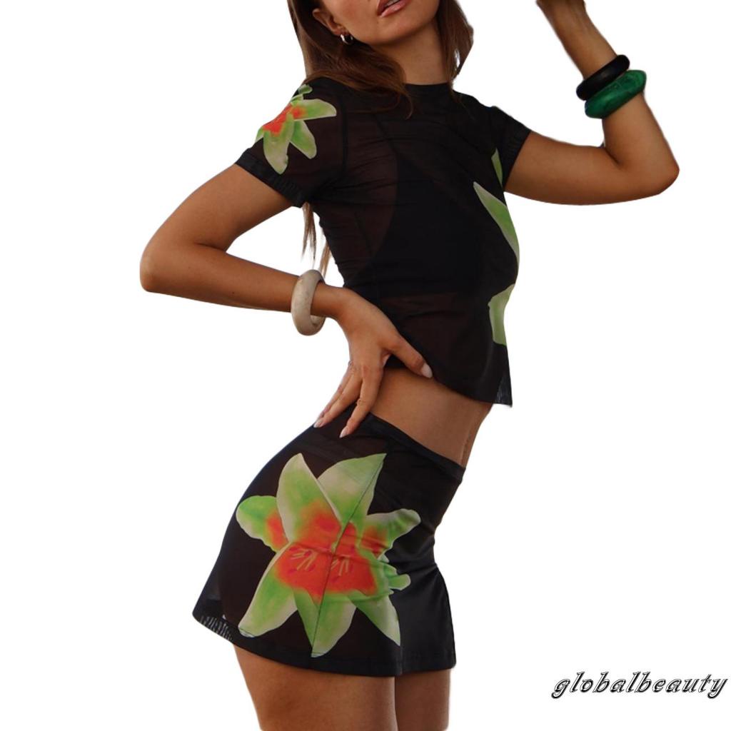 Bộ Trang Phục 2 Mảnh Gồm Áo Thun Lưới Tay Cộc In Họa Tiết Hoa + Chân Váy Chữ A Mini Cho Nữ