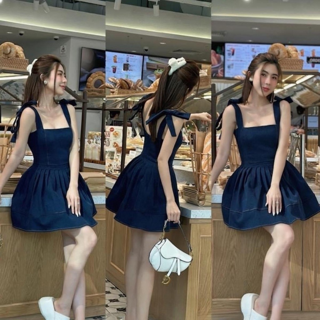 Đầm jean 2 dây nữ dự tiệc xếp ly dài trên gối form xòe hàng may 2 lớp