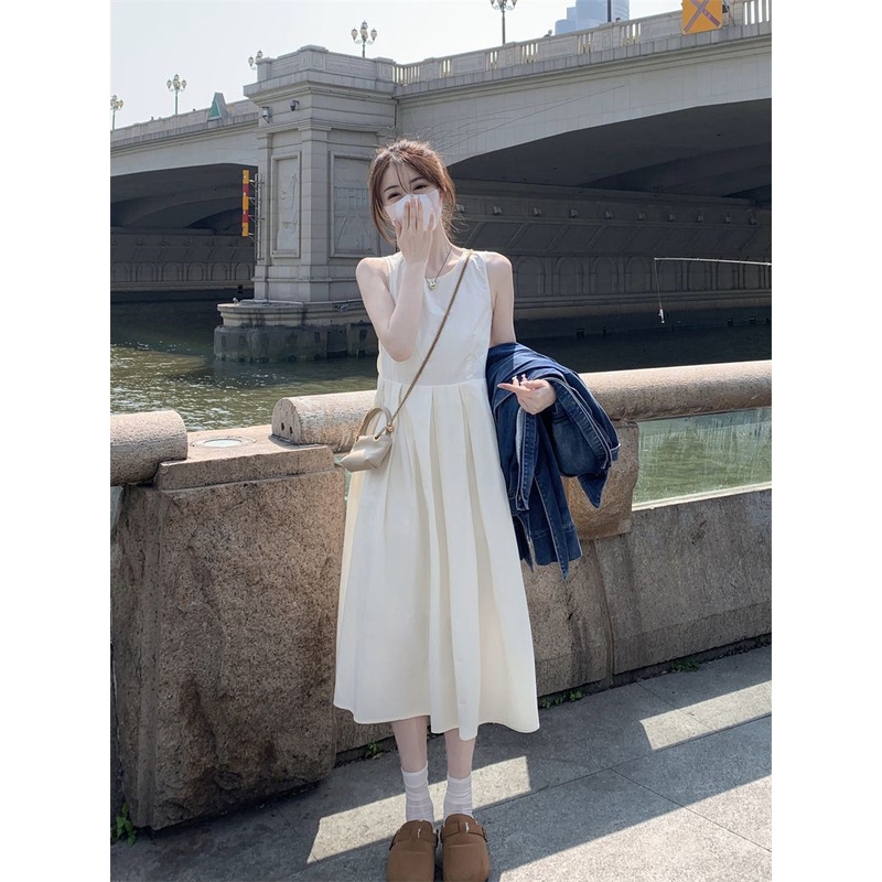 Đầm Trắng Không Tay Dáng Chữ A Ôm Eo Phong Cách Pháp Thời Trang Mùa Hè Cho Nữ