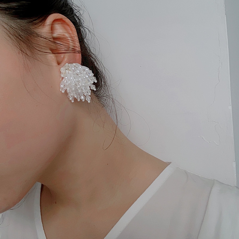 Khuyên Tai Thiết Kế Thác Nước Tua Rua Màu Trắng