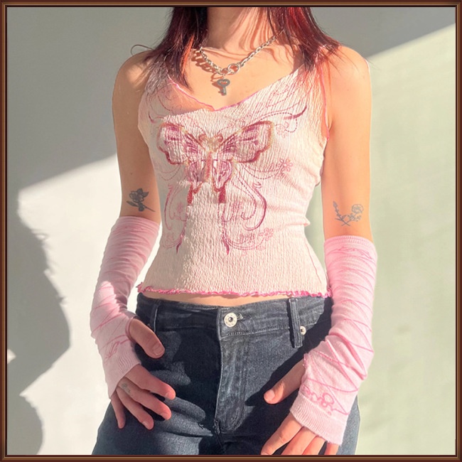 Áo Tank Top Cổ Chữ V Khoét Sâu In Họa Tiết Bươm Bướm Thời Trang Mùa Hè Cho Nữ