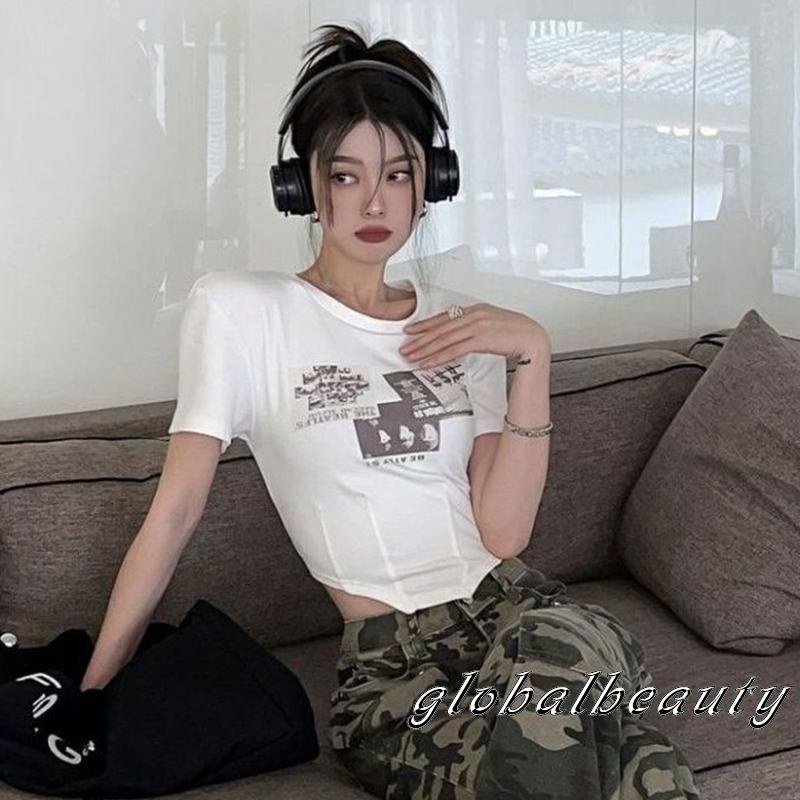 Áo Thun Crop Top Tay Ngắn Cổ Tròn Dáng Ôm In Họa Tiết Phong Cách Vintage Dành Cho Nữ