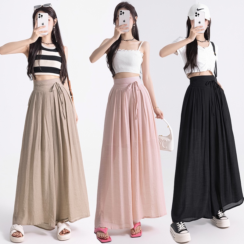 SUXI Quần ống rộng Lưng Thun Cột Dây Đơn Giản Thời Trang Mùa Hè Dành Cho Nữ