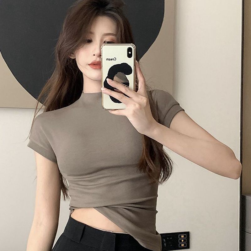 Áo thun COZOK dệt kim tay ngắn cổ cao đơn giản trẻ trung