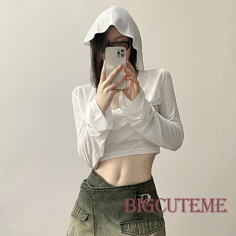 [] - Áo Sơ Mi Có Mũ Trùm Đầu Màu Trơn Ôm Dáng Vừa Vặn Tay Dài Đường Phố Câu Lạc Bộ Đường Phố Cho Nữ